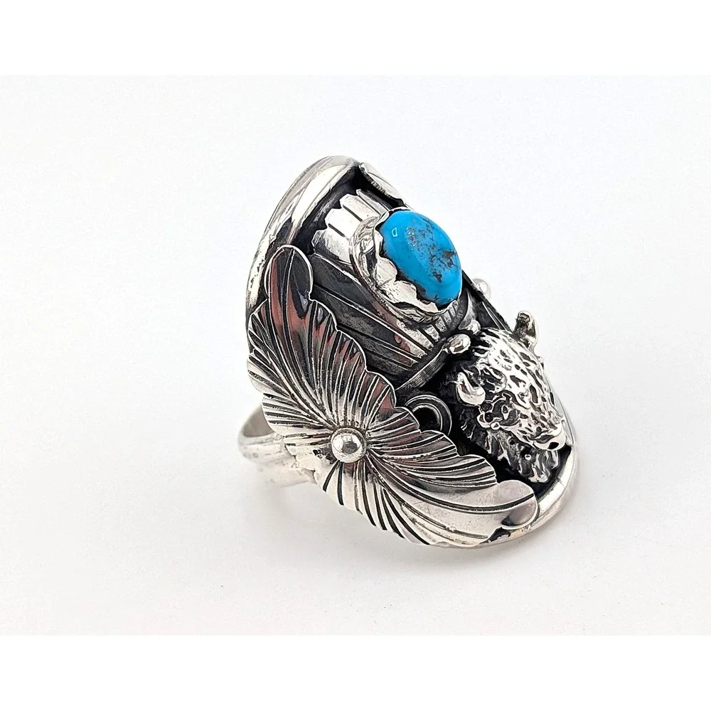 Navajo Men's Buffalo Ring Sterling Silver Turquoise‎ Signed Junior Begay 12**